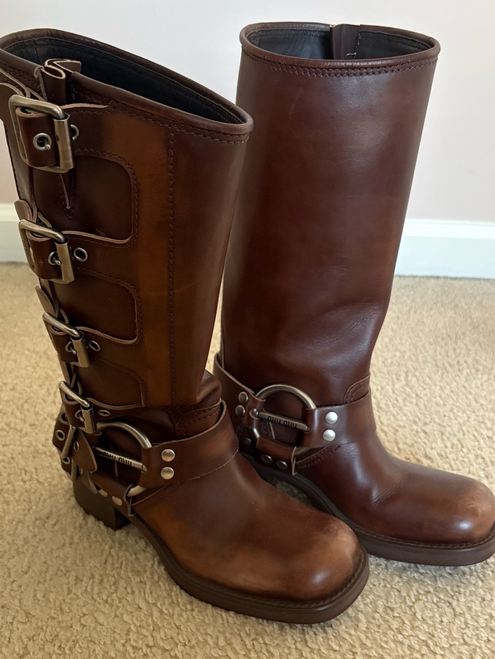 Miu Miu Women's Brown Leather Mid-Calf Harness Riding Moto Boots